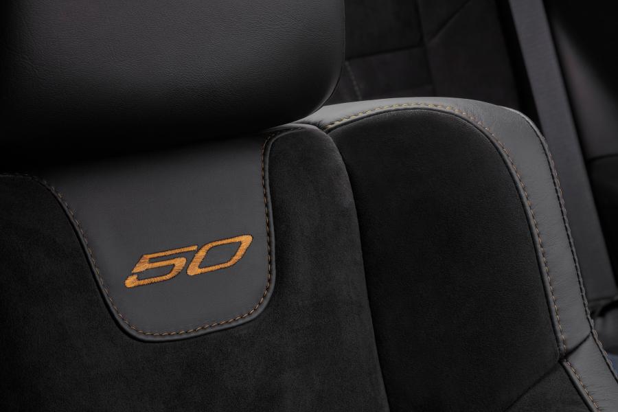 Black, heated and ventilated Nappa leather and Alcantara suede performance seats feature Sepia accent stitching and embroidered “50” logo seat backs on Challenger 50th Anniversary Edition models.