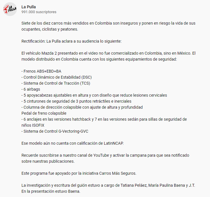 mazda 2 seguridad, la pulla carros, la pulla carros inseguros, mazda 2 colombia, la pulla mazda 2, mazda 2 caracteristicas colombia, seguridad carros en colombia, carros mas seguros, la pulla retractacion, la pulla rectificacion