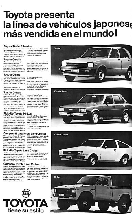 Toyota publicidad en Colombia 1981: Starlet, Corolla, Corolla liftback, Hilux