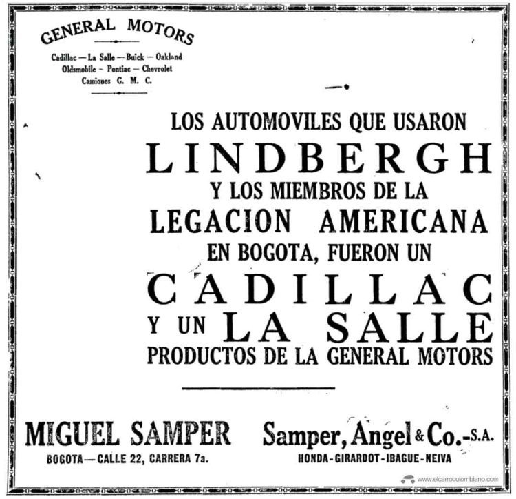 Charles Lindbergh en Colombia, Cadillac, La Salle, General Motors