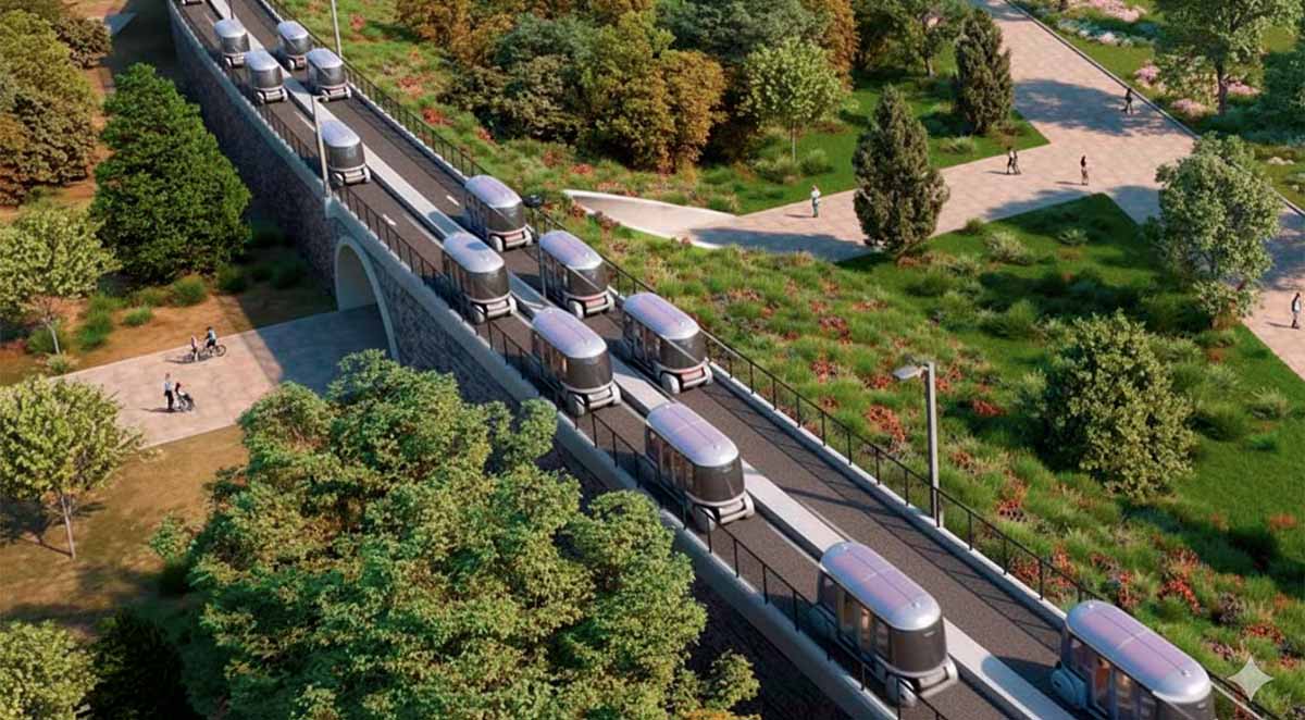 Pequeño vehículo eléctrico autónomo de Glydways circulando por un carril exclusivo en Atlanta
