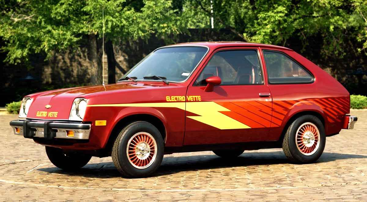 Fotografía de archivo del año 1977 que muestra al prototipo Chevrolet Electrovette, un carro eléctrico basado en el hatchback Chevette de tres puertas. El vehículo está pintado de color rojo y decorado con un gran rayo amarillo en el lateral, acompañado de las letras 