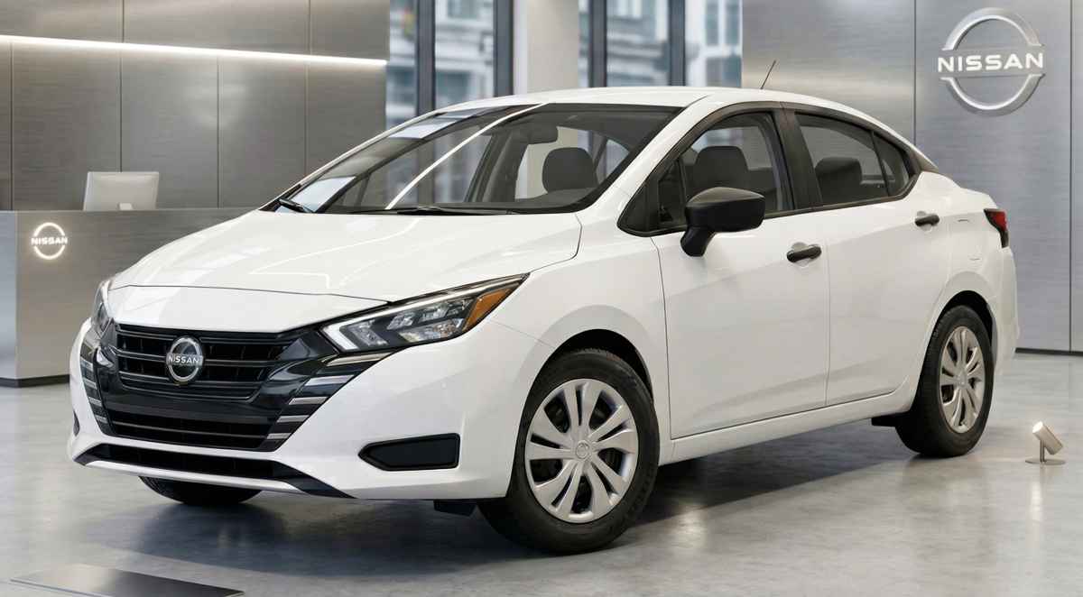 Vista frontal diagonal del sedán económico Nissan V-Drive color blanco exhibido en un concesionario, destacando su diseño funcional y de trabajo con rines de acero, copas plásticas y manijas de puertas en color negro mate.