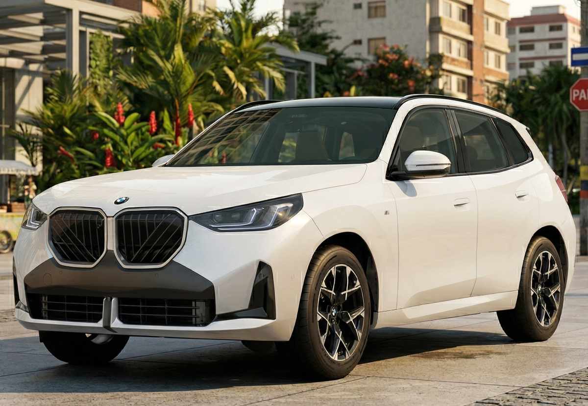 Una vista frontal de un SUV Premium BMW X3 de color blanco, la versión actualizada, estacionado en una calle adoquinada en Colombia con edificios y vegetación tropical de fondo, ilustrando su posición como el carro Premium más vendido en el país en febrero de 2026 (#1).