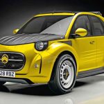 Render neorretro vibrante en amarillo y negro del futuro Citroën 2CV eléctrico urbano, con capó acanalado, luces redondas y detalles de 