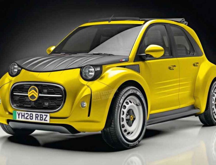 Render neorretro vibrante en amarillo y negro del futuro Citroën 2CV eléctrico urbano, con capó acanalado, luces redondas y detalles de 