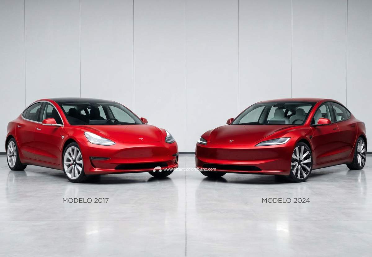 Una foto de estudio comparativa. Un Tesla Model 3 original (2017) color rojo está a la izquierda con la etiqueta 