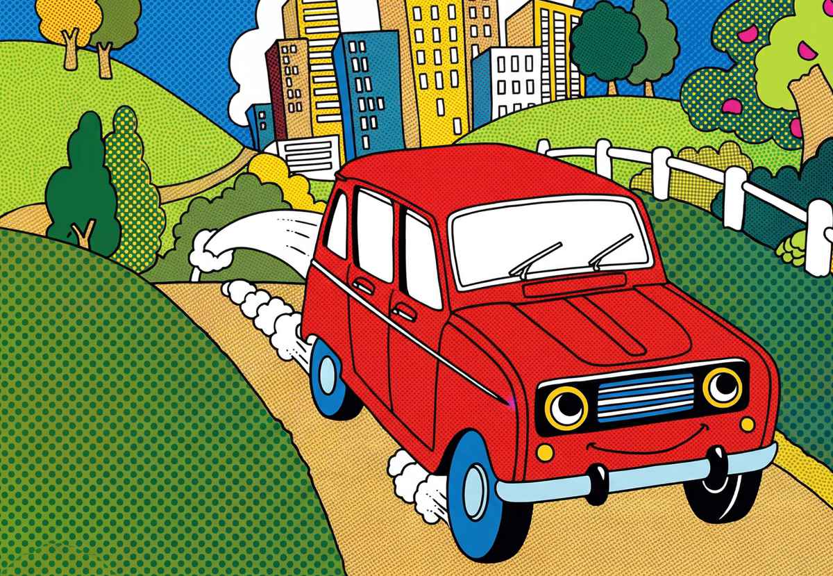Ilustración clásica de un Renault 4 rojo transitando por una carretera rural hacia la ciudad, publicidad original del Amigo Fiel en Colombia.