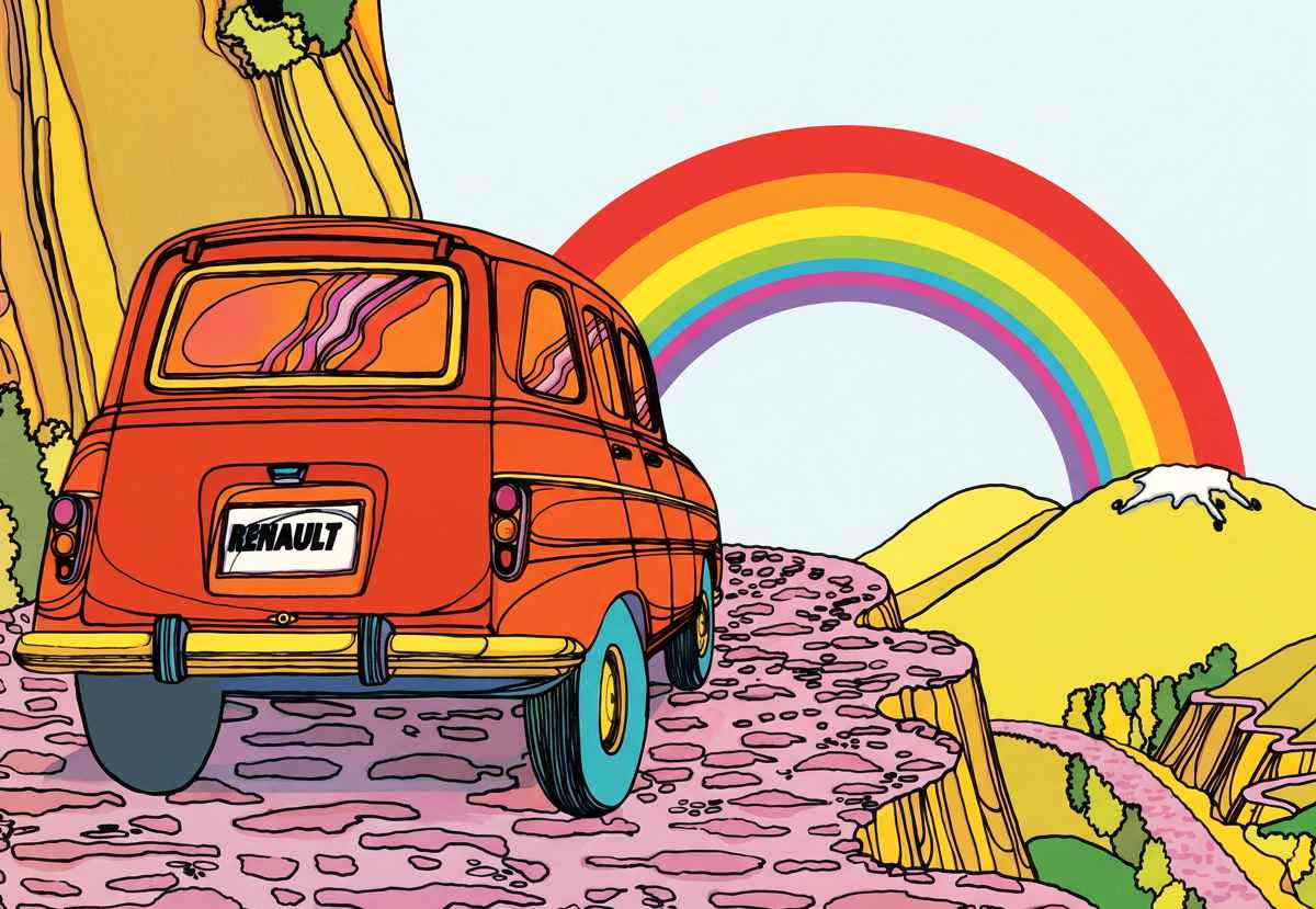 Vista trasera ilustrada de un Renault 4 clásico color naranja subiendo por un camino rocoso de montaña con un arcoíris al fondo. Publicidad Amigo Fiel 1975 de Colombia.