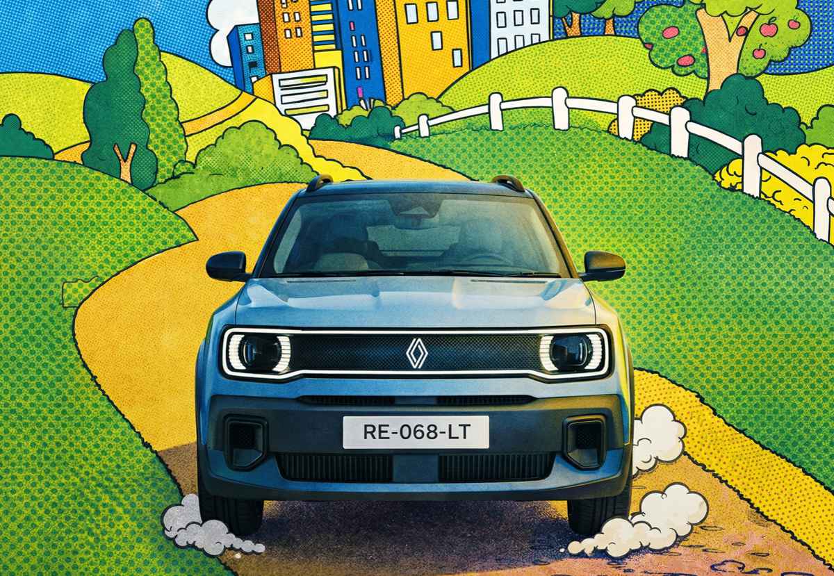 Vista frontal del nuevo Renault 4 E-Tech eléctrico color azul, integrado dentro de un paisaje ilustrado estilo retro que rinde homenaje a la campaña Amigo Fiel.