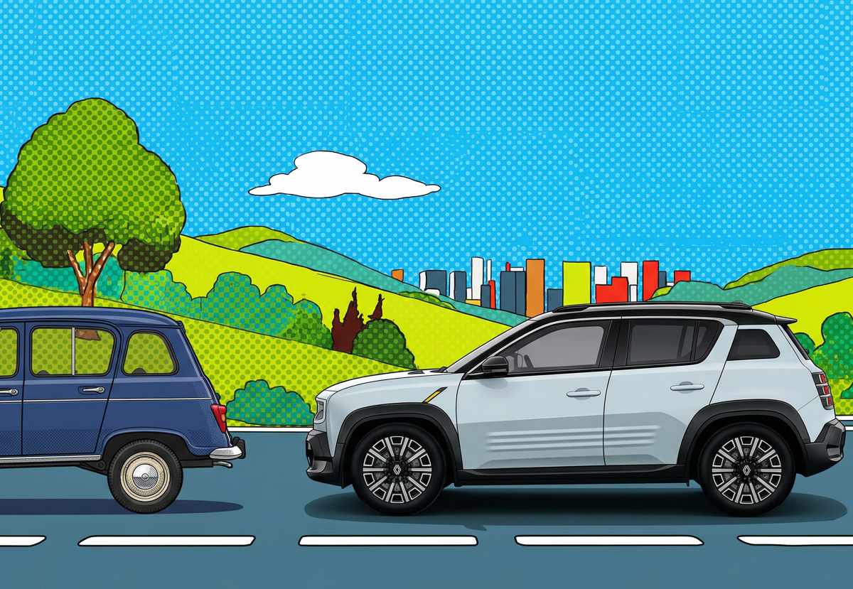 Gráfica comparativa donde un Renault 4 clásico color azul marino es seguido por el nuevo Renault 4 E-Tech eléctrico blanco en una carretera ilustrada.