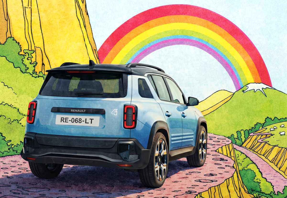 Diseño posterior del nuevo Renault 4 E-Tech eléctrico azul recorriendo una trocha en un paisaje ilustrado con estilo pop-art y un gran arcoíris de fondo.