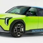 Proyección digital elaborada por la revista Autocar que muestra el diseño exterior del nuevo Kia EV1, el futuro Picanto eléctrico, luciendo una carrocería verde brillante, pasos de rueda negros y faros LED verticales.