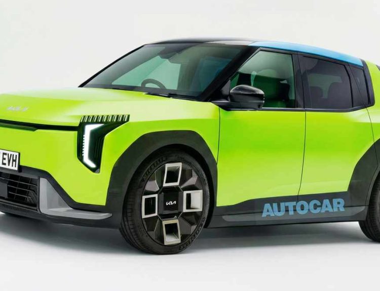 Proyección digital elaborada por la revista Autocar que muestra el diseño exterior del nuevo Kia EV1, el futuro Picanto eléctrico, luciendo una carrocería verde brillante, pasos de rueda negros y faros LED verticales.