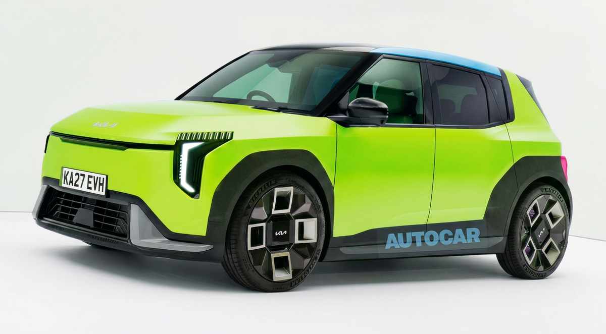 Proyección digital elaborada por la revista Autocar que muestra el diseño exterior del nuevo Kia EV1, el futuro Picanto eléctrico, luciendo una carrocería verde brillante, pasos de rueda negros y faros LED verticales.
