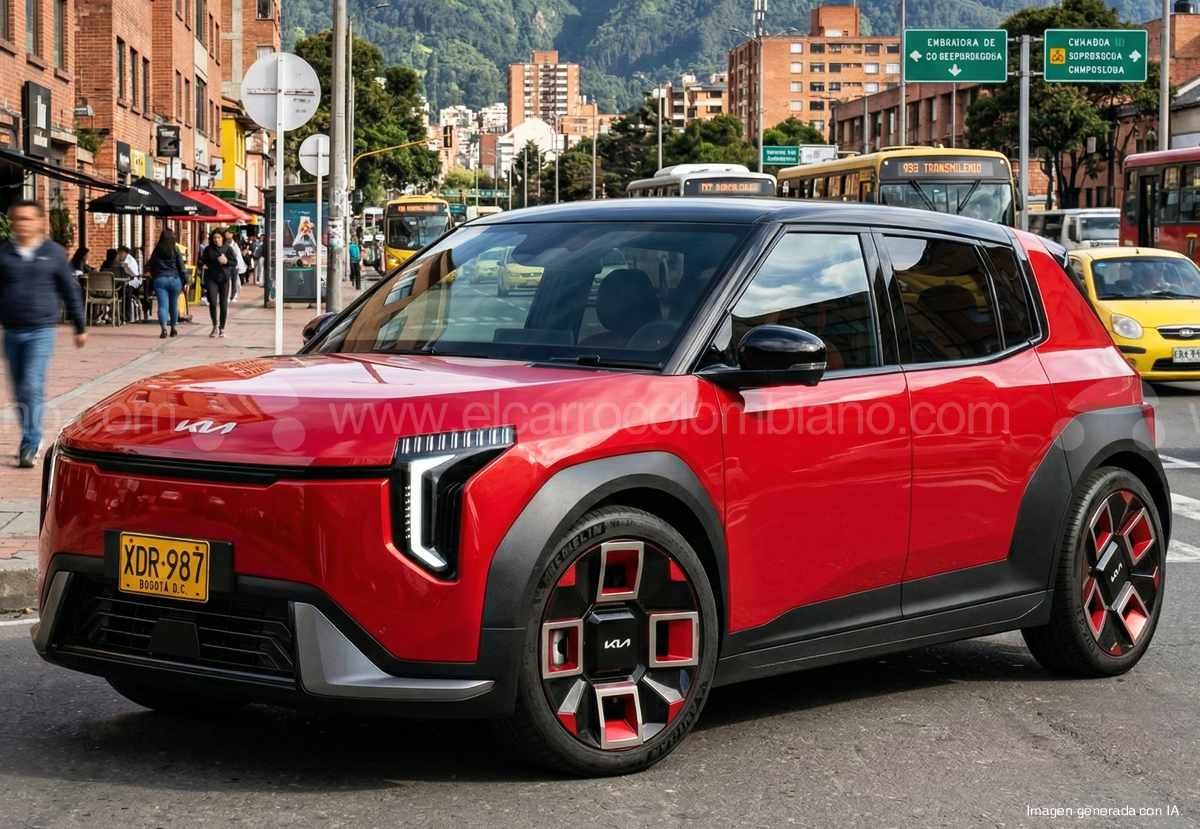 Recreación digital con inteligencia artificial exclusiva de EL CARRO COLOMBIANO mostrando al futuro Kia EV1 rojo, el reemplazo del Picanto eléctrico, rodando por las calles de Bogotá luciendo placas amarillas junto al tráfico local.