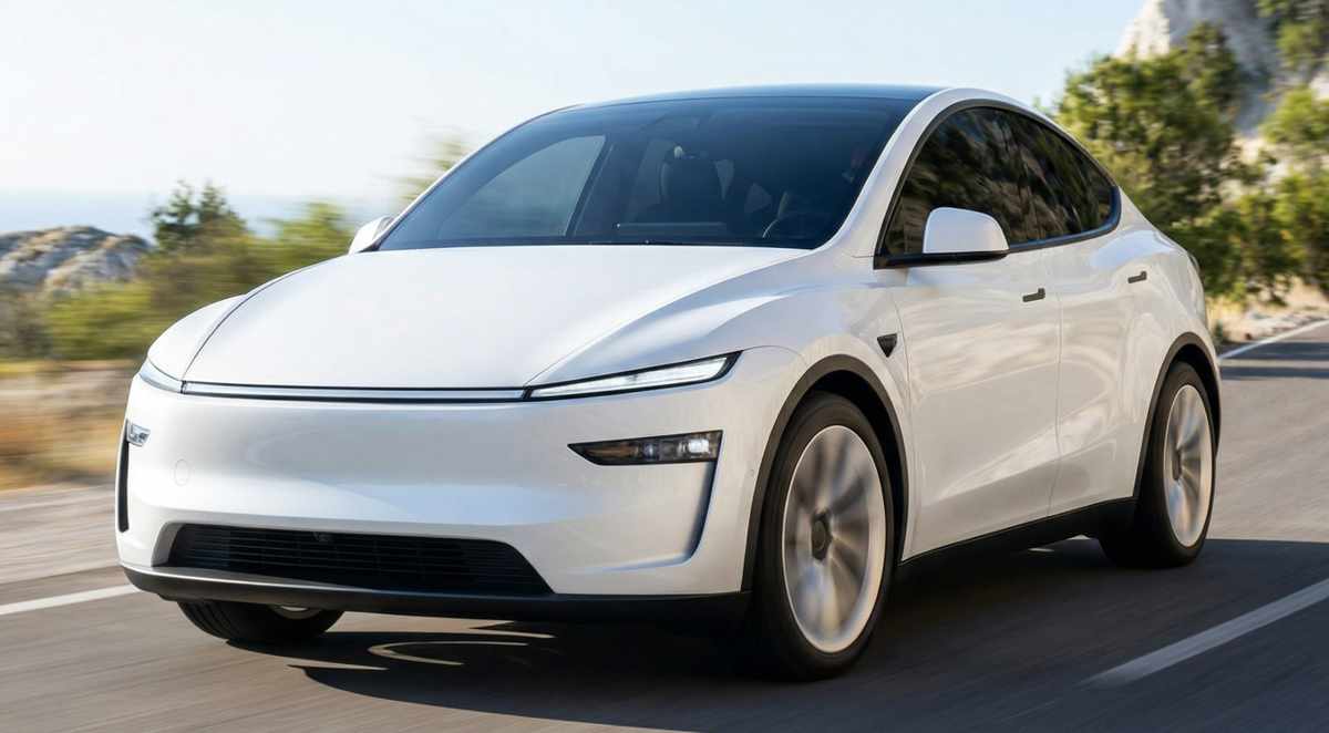 Vista de portada del Tesla Model Y blanco circulando por una carretera, el carro eléctrico que hizo historia al liderar las ventas de carros en Colombia en marzo de 2026.