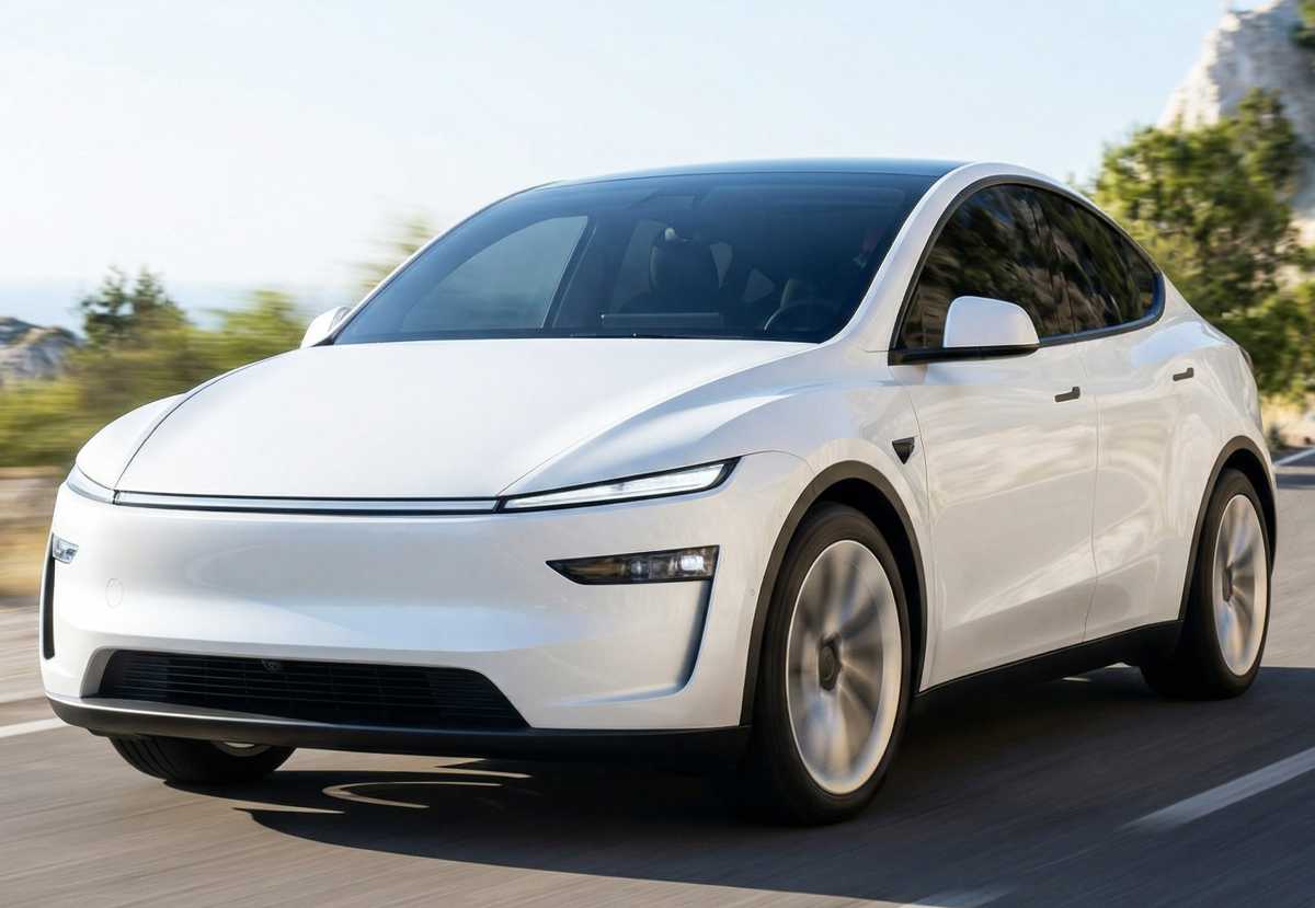 Vista de portada del Tesla Model Y blanco circulando por una carretera, el carro eléctrico que hizo historia al liderar las ventas de carros en Colombia en marzo de 2026.