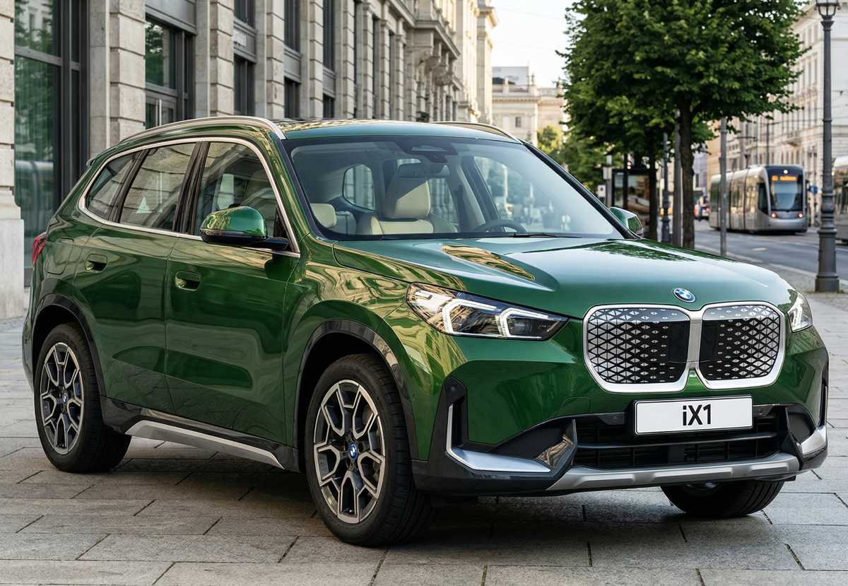 Una vista frontal de tres cuartos de un SUV eléctrico BMW iX1 verde oscuro metálico estacionado en una acera de piedra pavimentada en una calle de la ciudad. El vehículo tiene la parrilla de riñón distintiva de BMW y faros LED. Detrás de él hay edificios europeos clásicos con fachadas de piedra, árboles a lo largo de la calle y un tranvía a lo lejos.