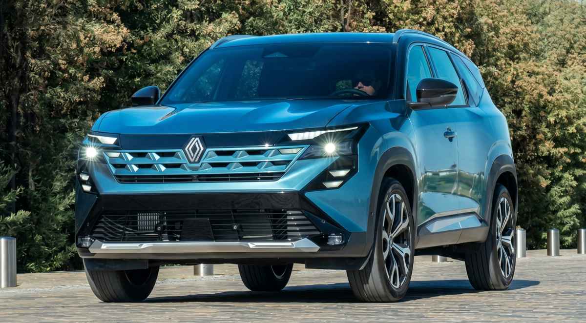 Vista frontal de tres cuartos de la nueva camioneta mediana Renault Boreal en color azul metálico. El vehículo se encuentra estacionado en una zona pavimentada en un día soleado, con árboles verdes de fondo. Se aprecian detalladamente los modernos faros LED en forma de C encendidos, la renovada parrilla frontal con el nuevo logotipo del rombo en el centro y los rines de aleación bitono, mostrando el diseño robusto que llegará a Colombia.