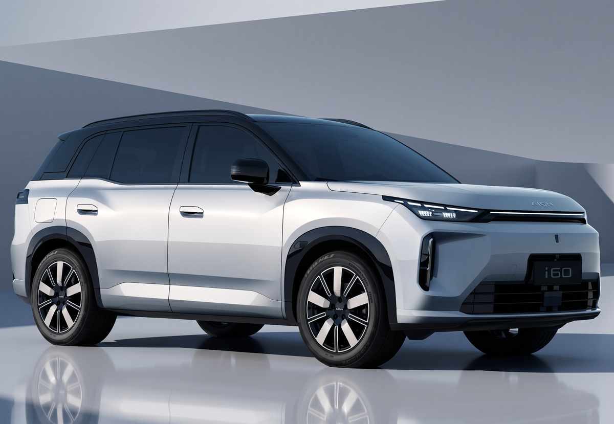 Vista frontal de tres cuartos de la camioneta GAC Aion i60 en color plata con techo negro, resaltando su parrilla frontal cerrada y faros LED afilados. Este modelo de rango extendido será protagonista en el próximo Salón del Automóvil de Bogotá.