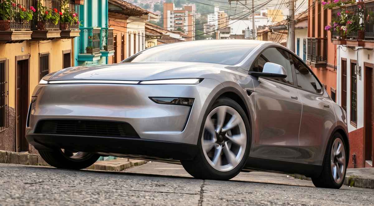 Camioneta eléctrica Tesla Model Y de color plateado, estacionada sobre una calle empedrada rodeada de arquitectura tradicional colombiana con fachadas coloridas y balcones. Este modelo se consolidó como el carro más vendido de Colombia durante abril de 2026.