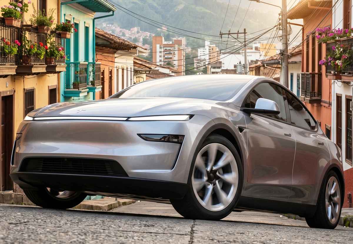 Camioneta eléctrica Tesla Model Y de color plateado, estacionada sobre una calle empedrada rodeada de arquitectura tradicional colombiana con fachadas coloridas y balcones. Este modelo se consolidó como el carro más vendido de Colombia durante abril de 2026.