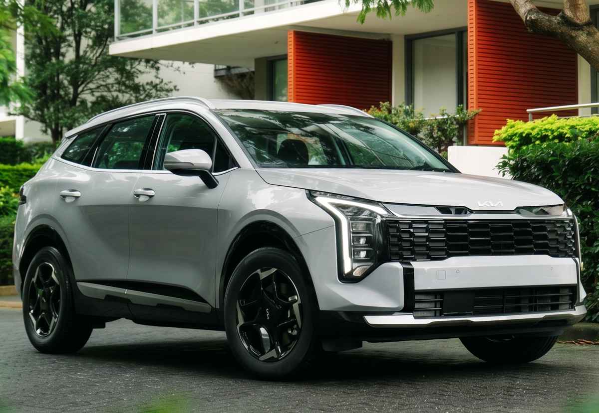 Fotografía de tres cuartos de frente de una camioneta Kia Sportage plateada de última generación, modelo que registró un crecimiento histórico en ventas durante abril de 2026 en Colombia. Está estacionada sobre pavimento frente a un edificio de arquitectura moderna con persianas horizontales de color naranja.