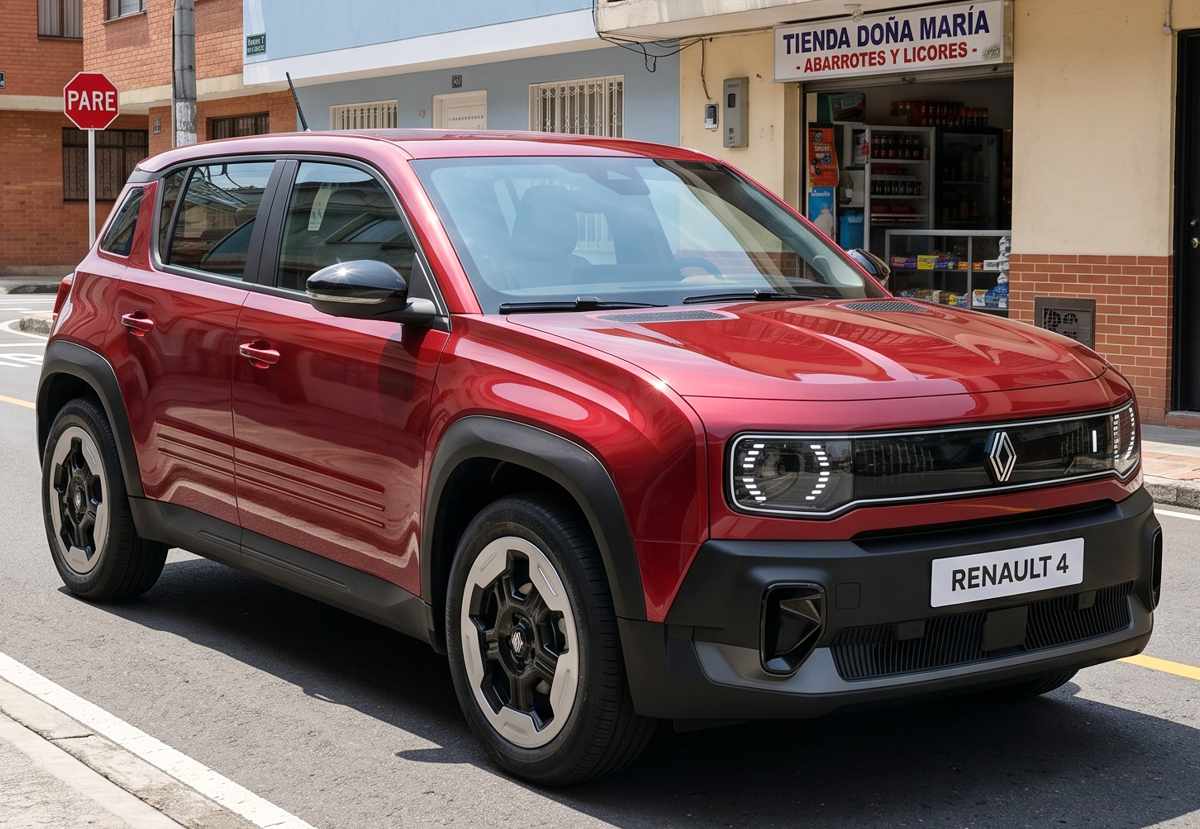 Nueva camioneta eléctrica Renault 4 E-Tech de color rojo brillante, estacionada sobre una tradicional calle de barrio en Colombia, haciendo esquina frente a una típica tienda de abarrotes y una señal de pare.