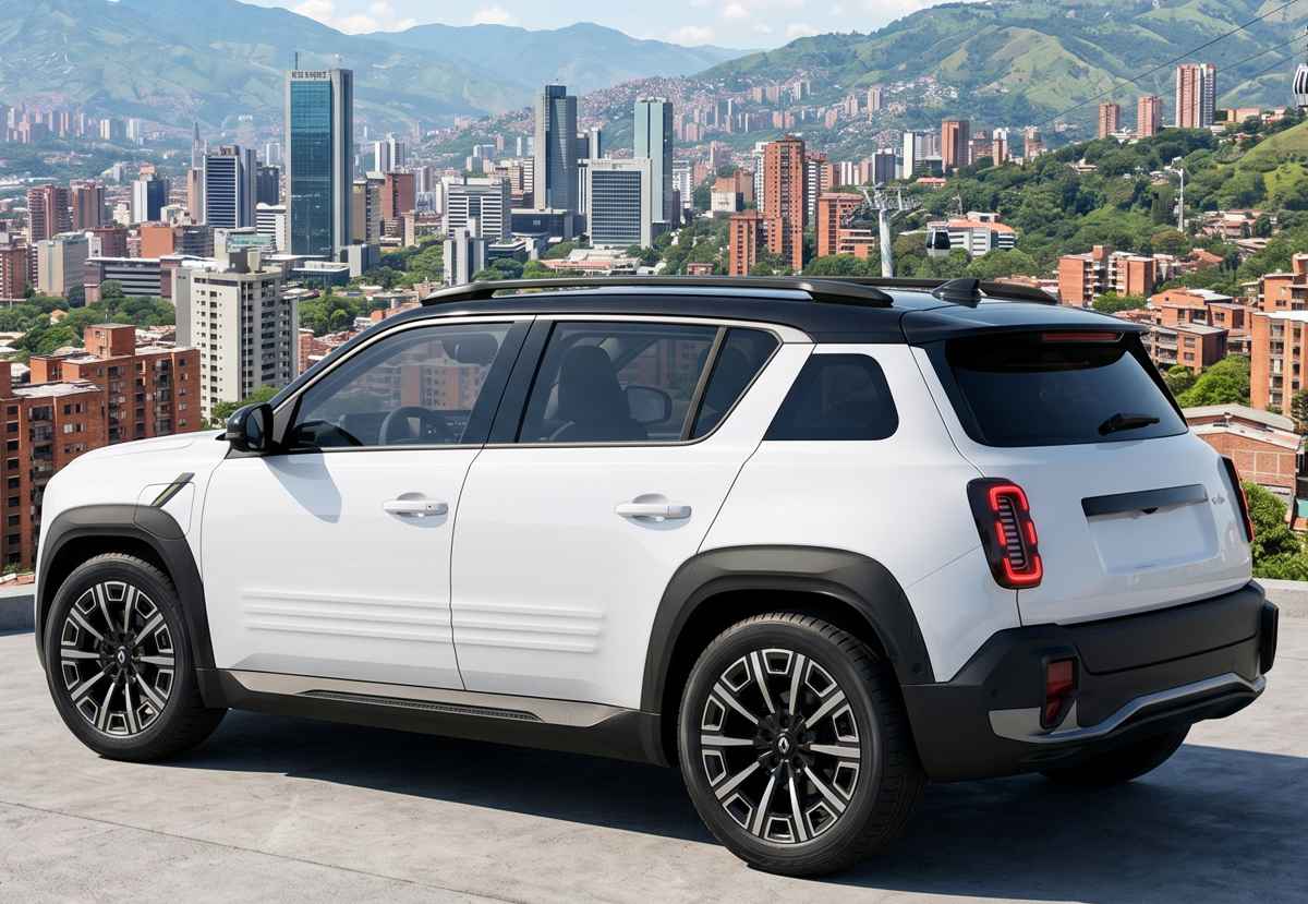 Vista tres cuartos trasera de una SUV eléctrica Renault 4 de color blanco con techo negro y rines modernos. El vehículo está estacionado en una plataforma de concreto tipo mirador, ofreciendo una vista panorámica impresionante de la ciudad de Medellín, Colombia, con sus edificios, montañas y el sistema de cable aéreo al fondo bajo un cielo despejado.