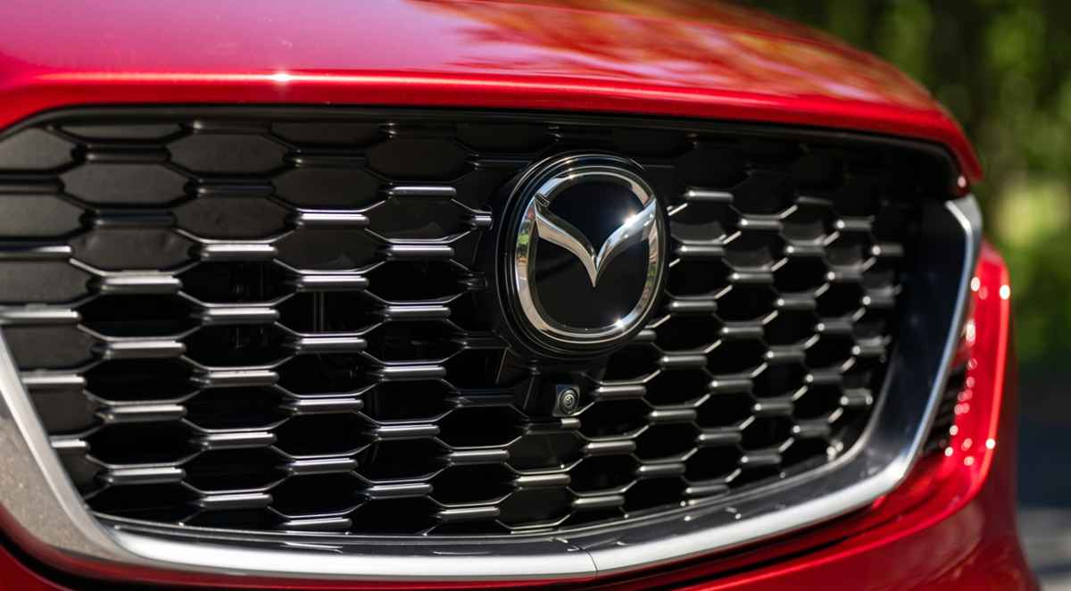 Primer plano de la parrilla frontal negra y el logotipo cromado de Mazda en un vehículo color rojo, ilustrando el misterio sobre el reciente registro comercial del nombre CX-40 para un posible nuevo SUV.