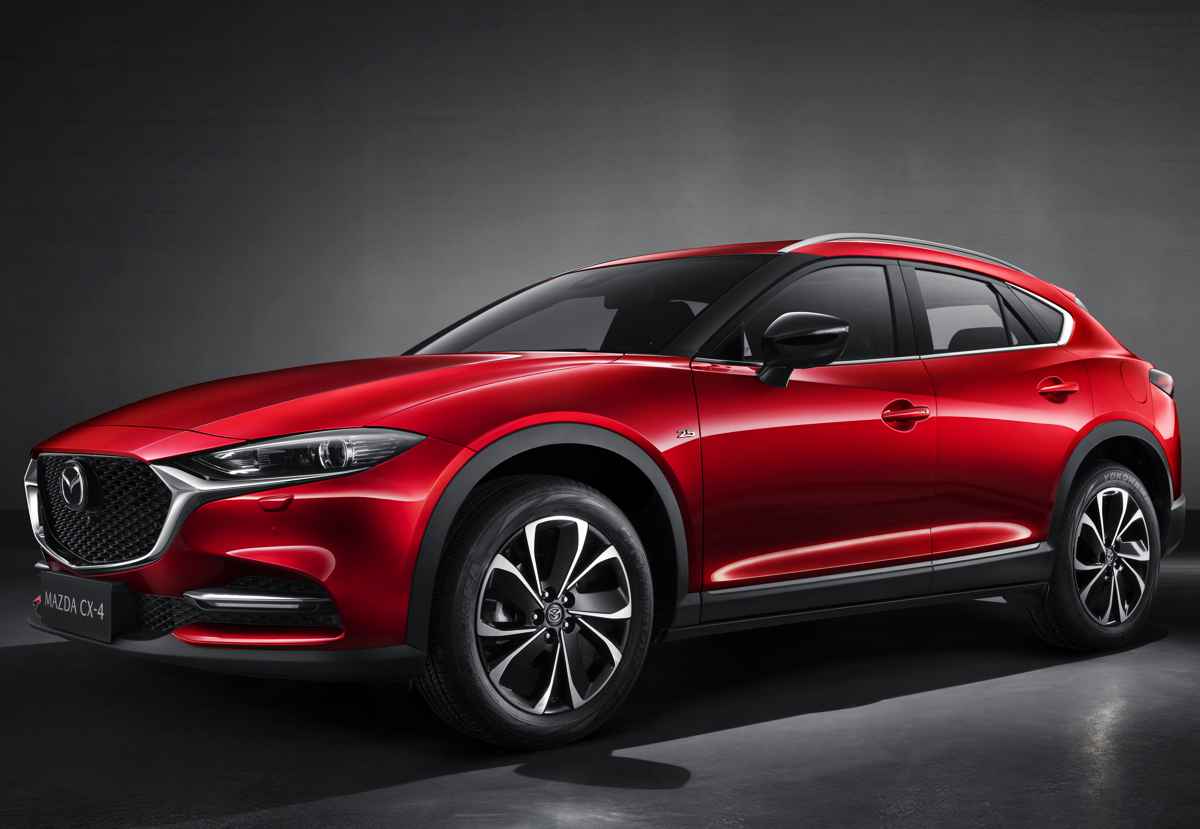 Vista frontal de tres cuartos del Mazda CX-4 en color rojo. Se trata de un SUV con silueta tipo coupé que la marca vendió exclusivamente en China y cuyo diseño aerodinámico podría inspirar a la futura Mazda CX-40.