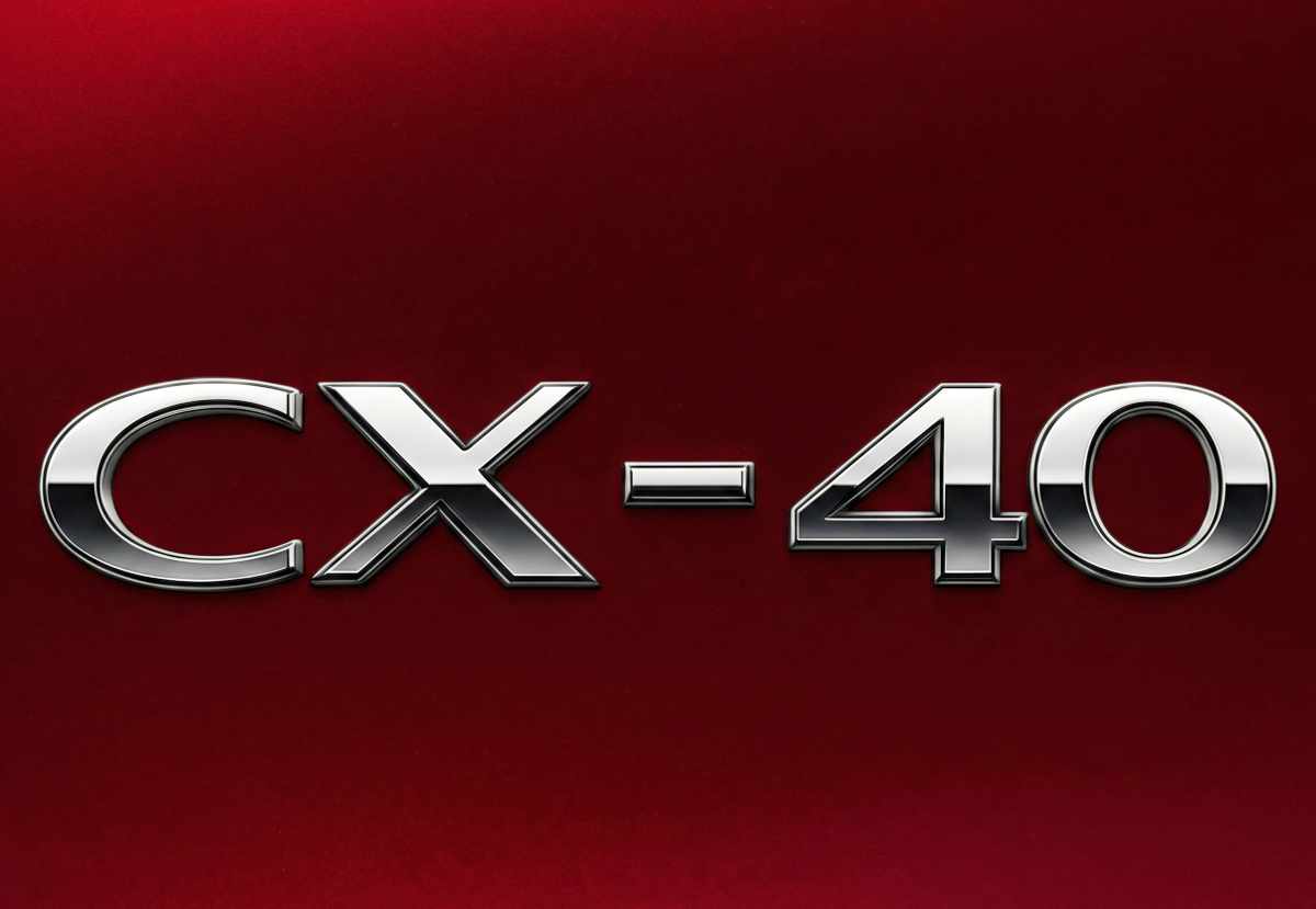 Ilustración de un emblema cromado con la inscripción alfanumérica CX-40 sobre un fondo color rojo intenso, representando el reciente registro de marca que el fabricante japonés Mazda realizó ante las autoridades en Estados Unidos.