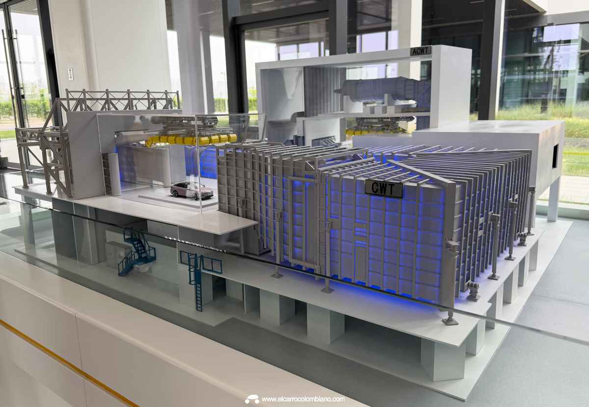 Maqueta arquitectónica detallada a escala del monumental Centro de Seguridad de Geely. El modelo tridimensional exhibe la compleja estructura de los túneles de viento, los laboratorios cerrados y las gigantescas zonas de ensayo que rompieron cinco récords mundiales en investigación automotriz.