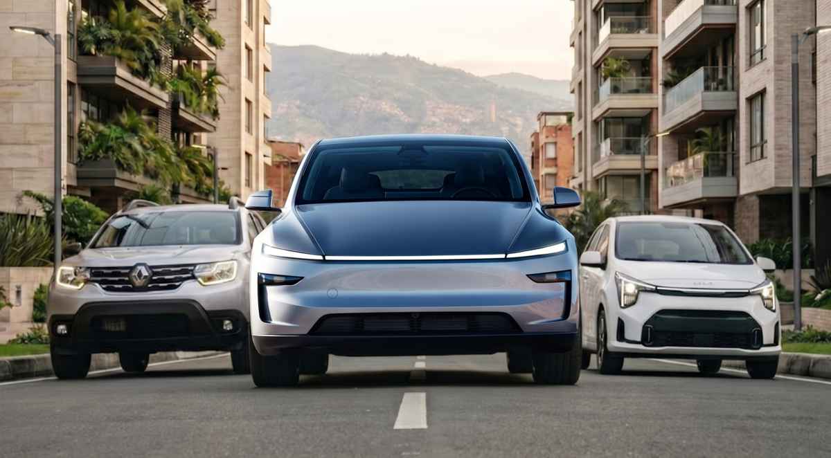 De izquierda a derecha, Renault Duster, Tesla Model Y y Kia Picanto parqueados sobre una calle urbana. Representan a los carros más vendidos en Colombia por regiones durante 2026.