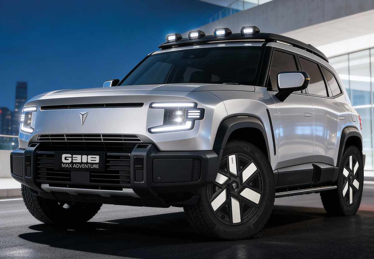 Diseño todoterreno del robusto campero híbrido Deepal G318, resaltando sus luces exploradoras de techo y su gran altura libre al suelo para el off-road.