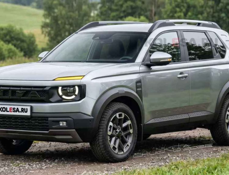 Proyección fotorrealista del nuevo Lada Niva 2028 en color gris plata, rodando sobre un camino de tierra, destacando su frontal retro con faros redondos LED y letras integradas en la parrilla.
