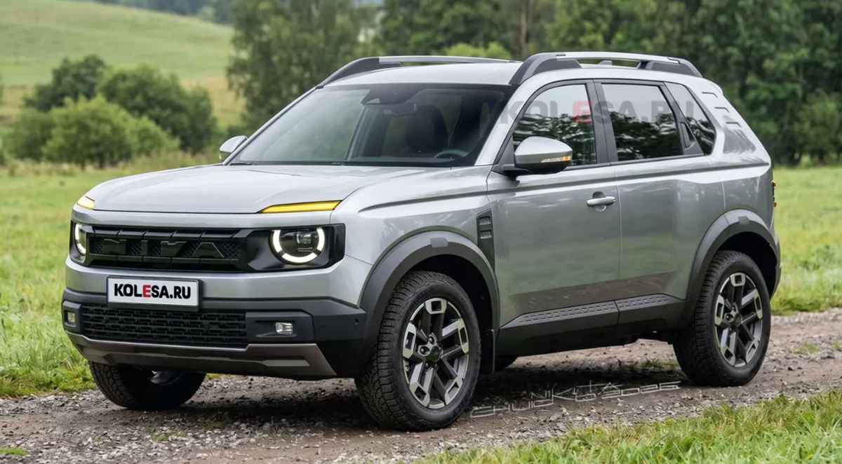 Proyección fotorrealista del nuevo Lada Niva 2028 en color gris plata, rodando sobre un camino de tierra, destacando su frontal retro con faros redondos LED y letras integradas en la parrilla.