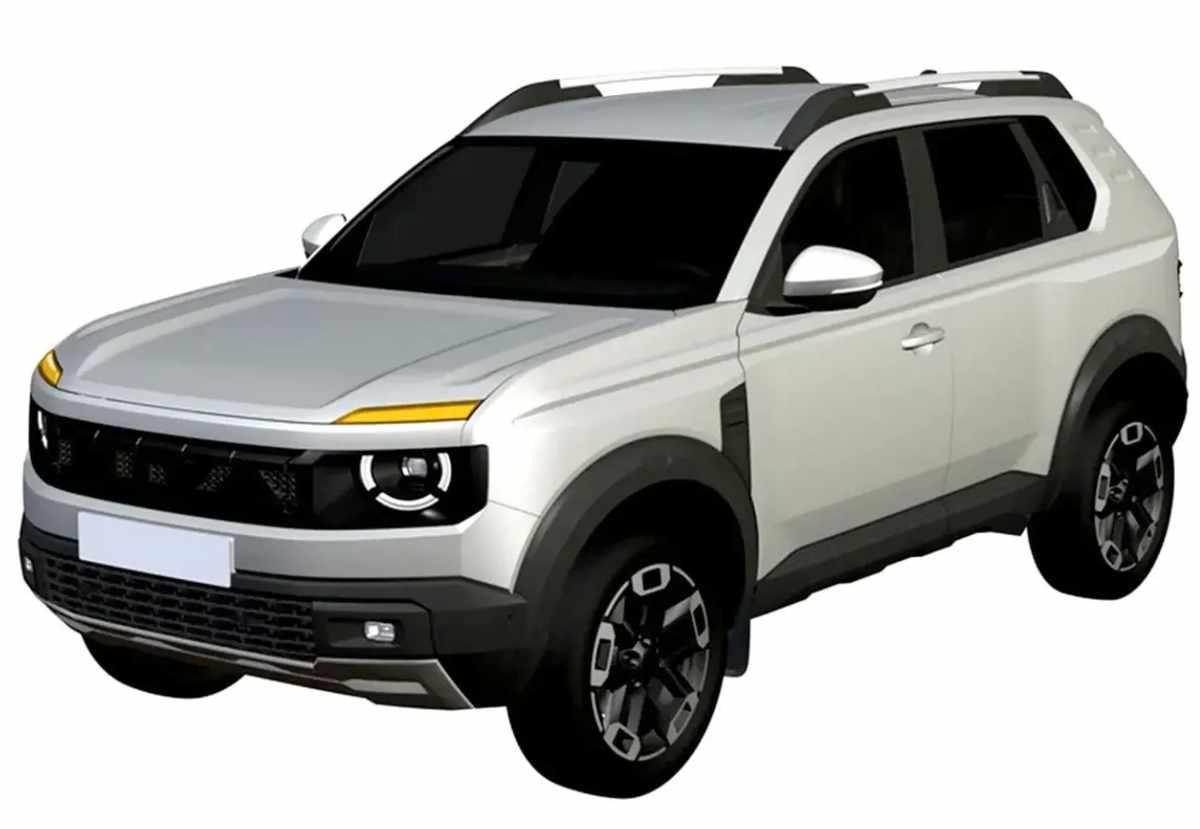 Vista frontal en tres cuartos del diseño registrado para el nuevo Lada Niva en color blanco, detallando sus abultados pasos de rueda oscuros y luces direccionales superiores.