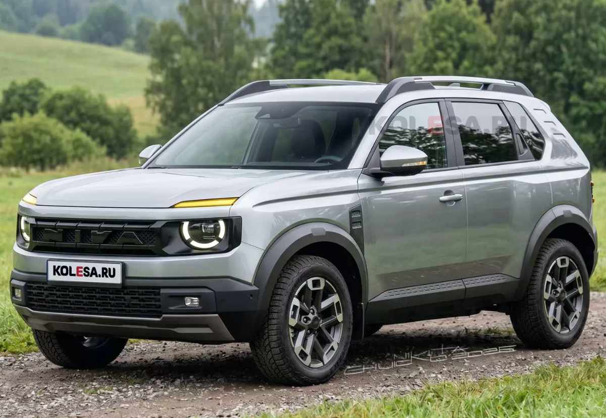 Recreación digital de la nueva generación del Lada Niva posando en un entorno rural, luciendo su robusto parachoques frontal oscuro y barras longitudinales de techo.