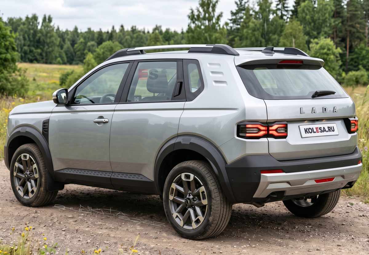 Perspectiva trasera del nuevo Lada Niva recreado digitalmente, donde resaltan sus stops horizontales de estilo clásico y un robusto bumper con molduras inferiores claras.
