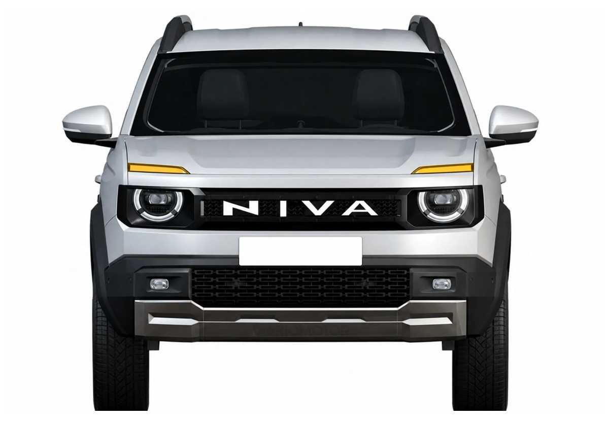 Plano frontal directo del registro industrial del próximo Lada Niva, exhibiendo la enorme tipografía del modelo atravesando la parrilla principal entre los faros circulares.