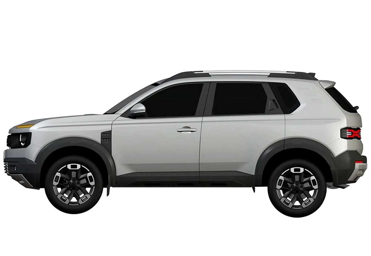 Perfil lateral puro de la patente del nuevo Lada Niva, mostrando su clásica silueta cuadrada, rines bitono y una clara similitud de proporciones con modelos de la línea Renault Duster.