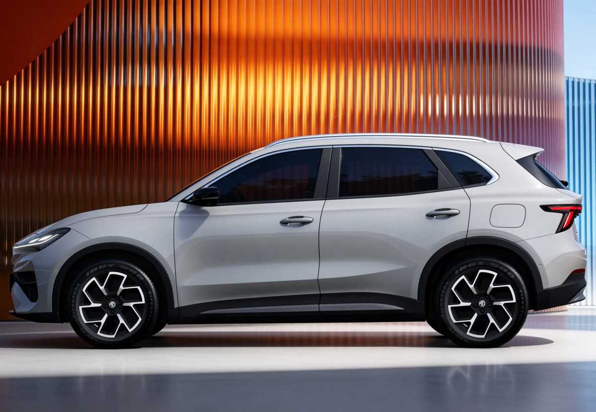 Perfil lateral puro del SUV eléctrico MG 4X en color plata frente a un fondo texturizado, donde se aprecia su dinámica silueta, barras de techo y rines de aleación de 18 pulgadas.