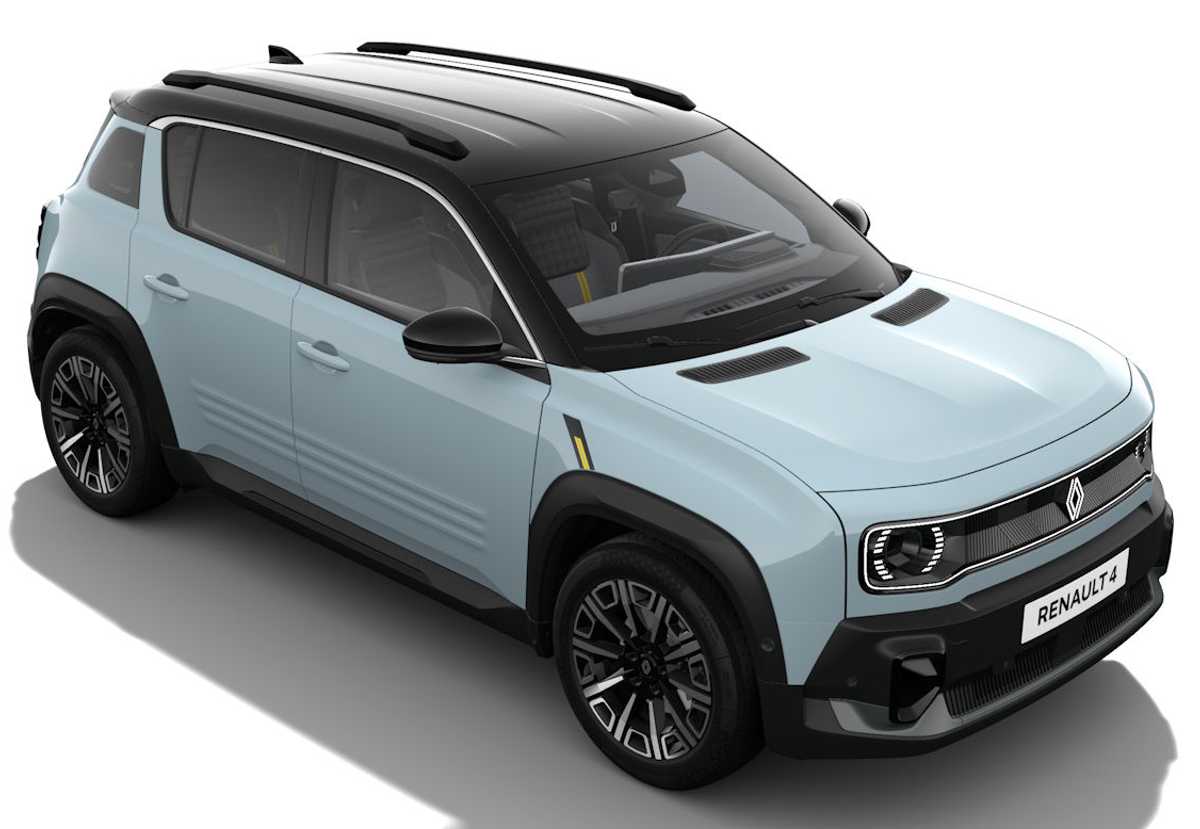 Vista frontal en tres cuartos del nuevo SUV compacto Renault 4 eléctrico en color Azul Nube con techo negro, revelando su diseño neorretro y la icónica parrilla iluminada.