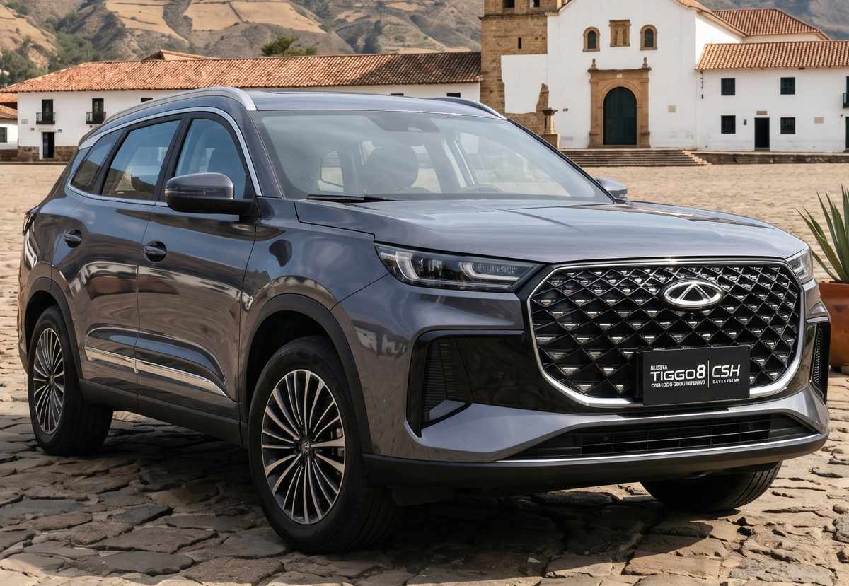 Camioneta híbrida enchufable Chery Tiggo 8 CSH color gris oscuro estacionada frente a una plaza de arquitectura colonial, destacada por su fuerte descuento en el mercado nacional.