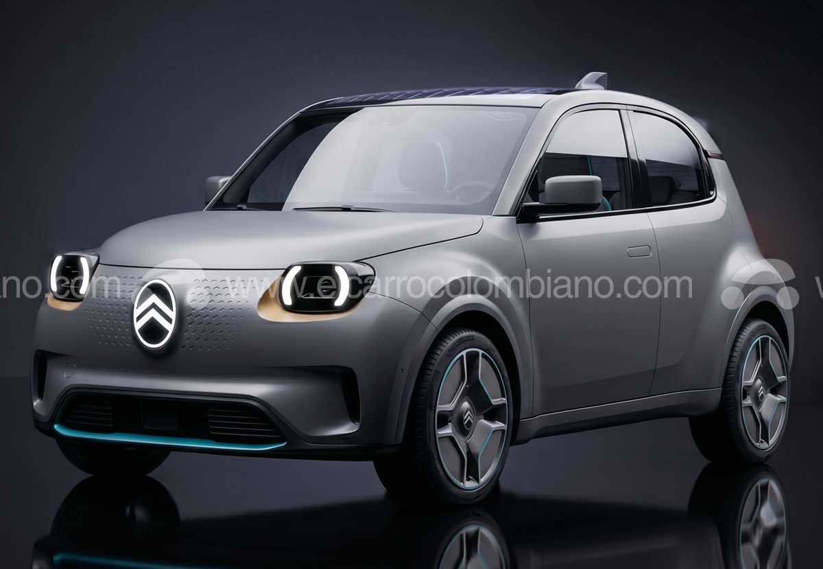 Proyección digital creada mediante Inteligencia Artificial que anticipa el diseño del futuro Citroën 2CV eléctrico, luciendo carrocería color plata mate, líneas neorretro, rines aerodinámicos y acentos azules.