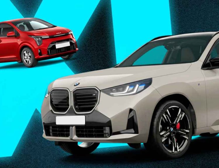 Vehículos Kia y BMW exhibidos sobre un fondo azul y negro con las letras XL, promocionando la gran feria de carros usados Colwageton en Chía.