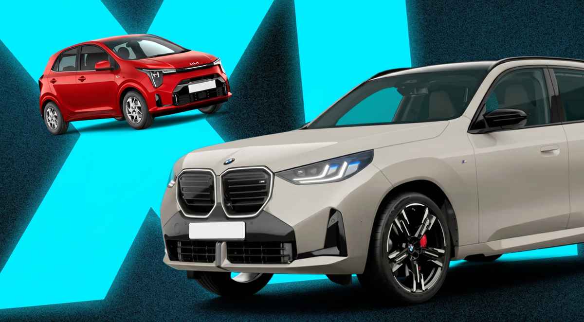 Vehículos Kia y BMW exhibidos sobre un fondo azul y negro con las letras XL, promocionando la gran feria de carros usados Colwageton en Chía.
