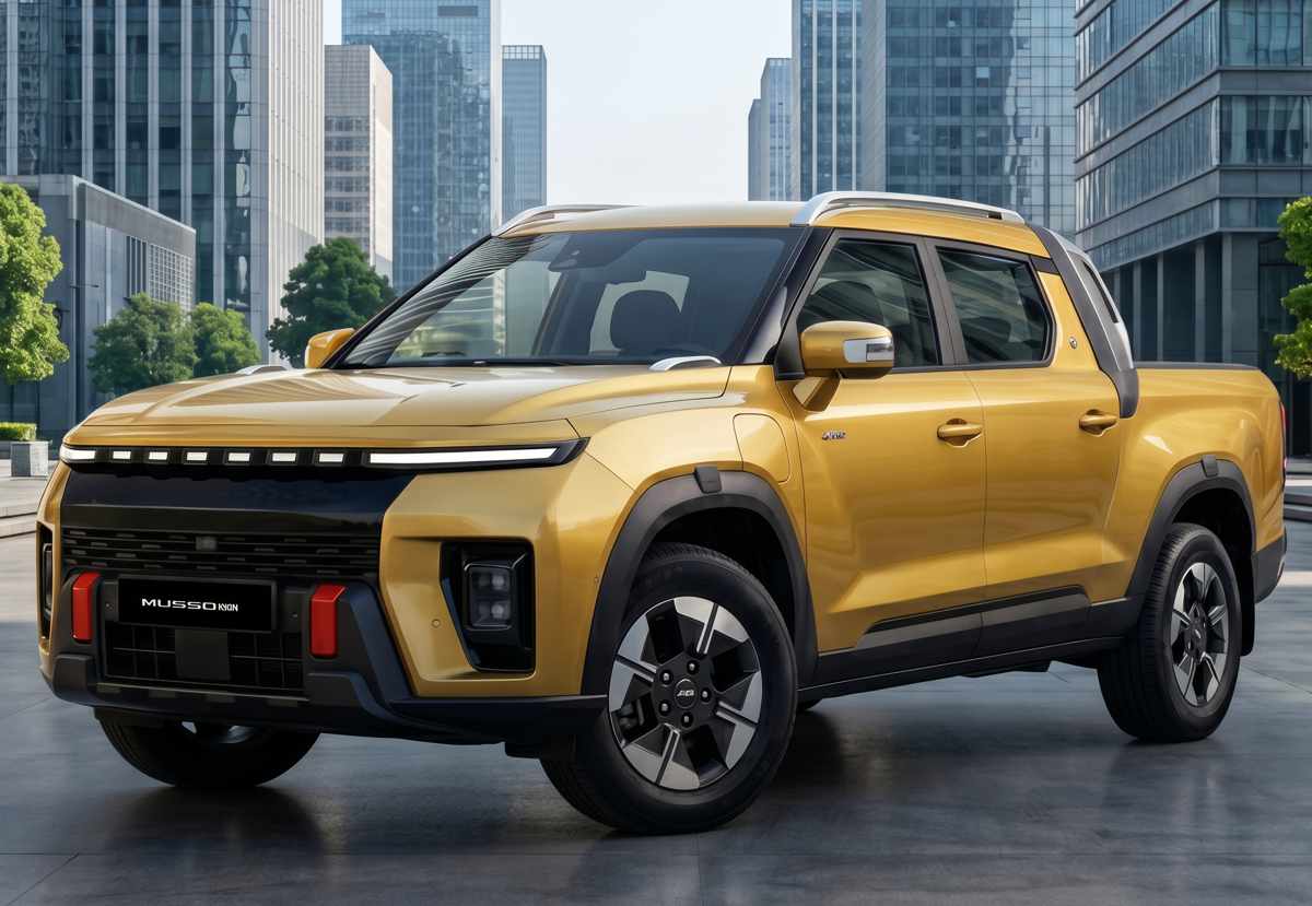Pick-up eléctrica KGM Musso EV color mostaza exhibida en un entorno urbano moderno, mostrando su platón de carga y una postura imponente ideal para el trabajo o la aventura.